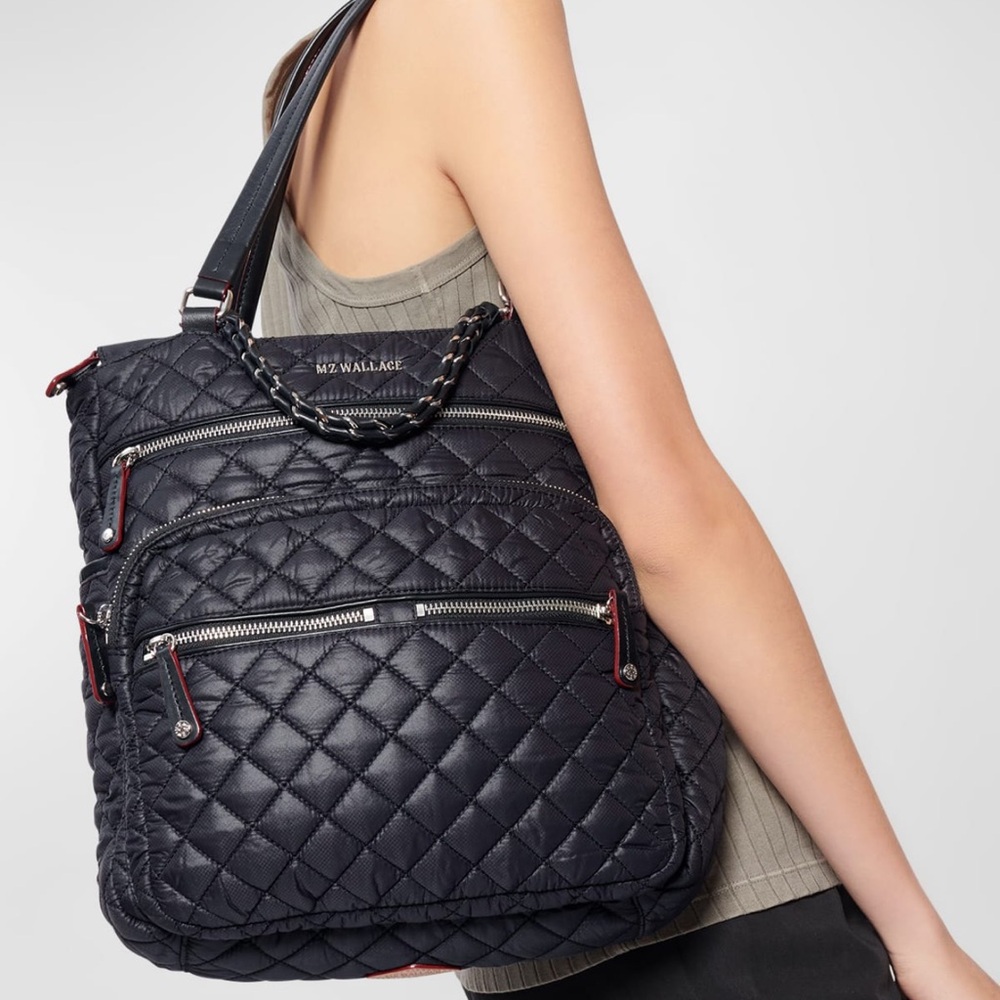 MZ Wallace Crosby Black Quilted Nylon Backpack in Black with Red Trim